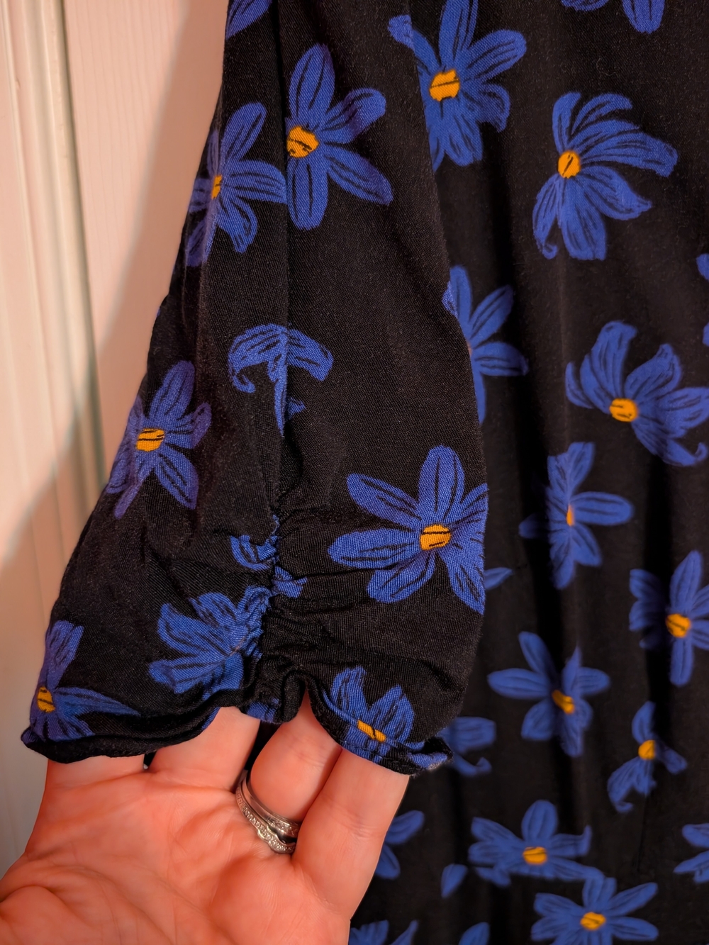 Women’s Black Floral Midi Dress with Blue Blossom Print - Picture 4 of 7